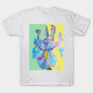 Iris Watercolor Painting - Blue with Raindrops - on Yellow and Mint T-Shirt